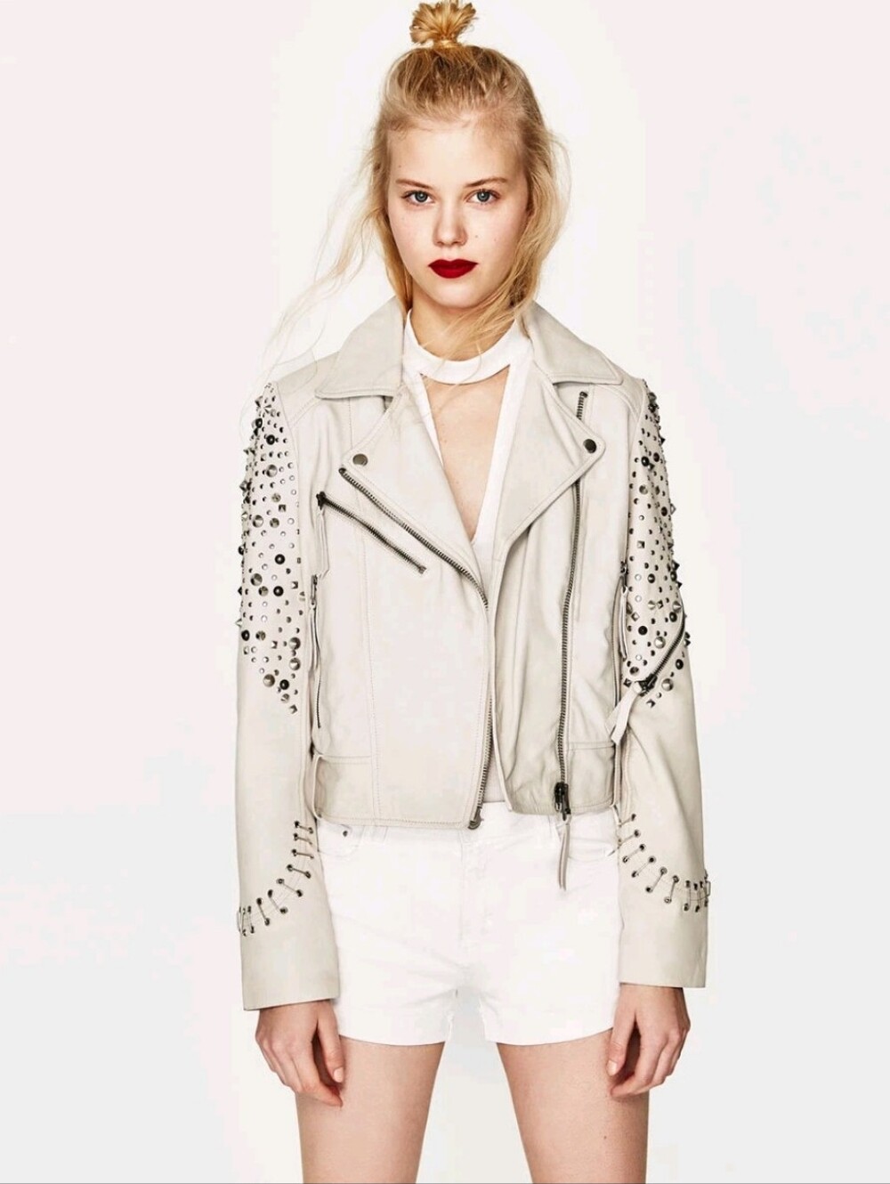 Zara TRF Lambskin Leather Studded Crystal Moto Biker Pin Jacket in Ivory Cream